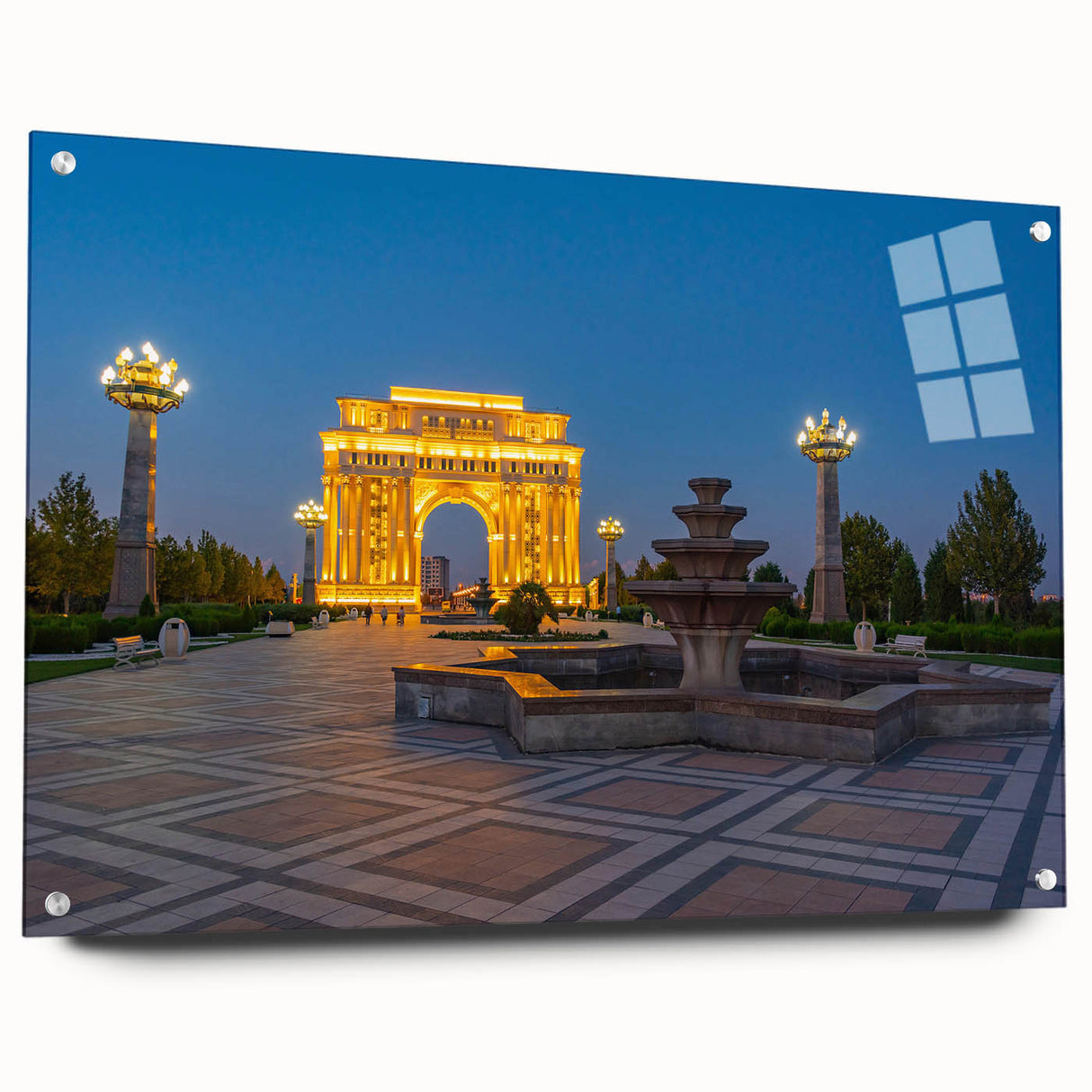 Large abstract wall art of an Asian mountain range in muted earth tones on acrylic glass.