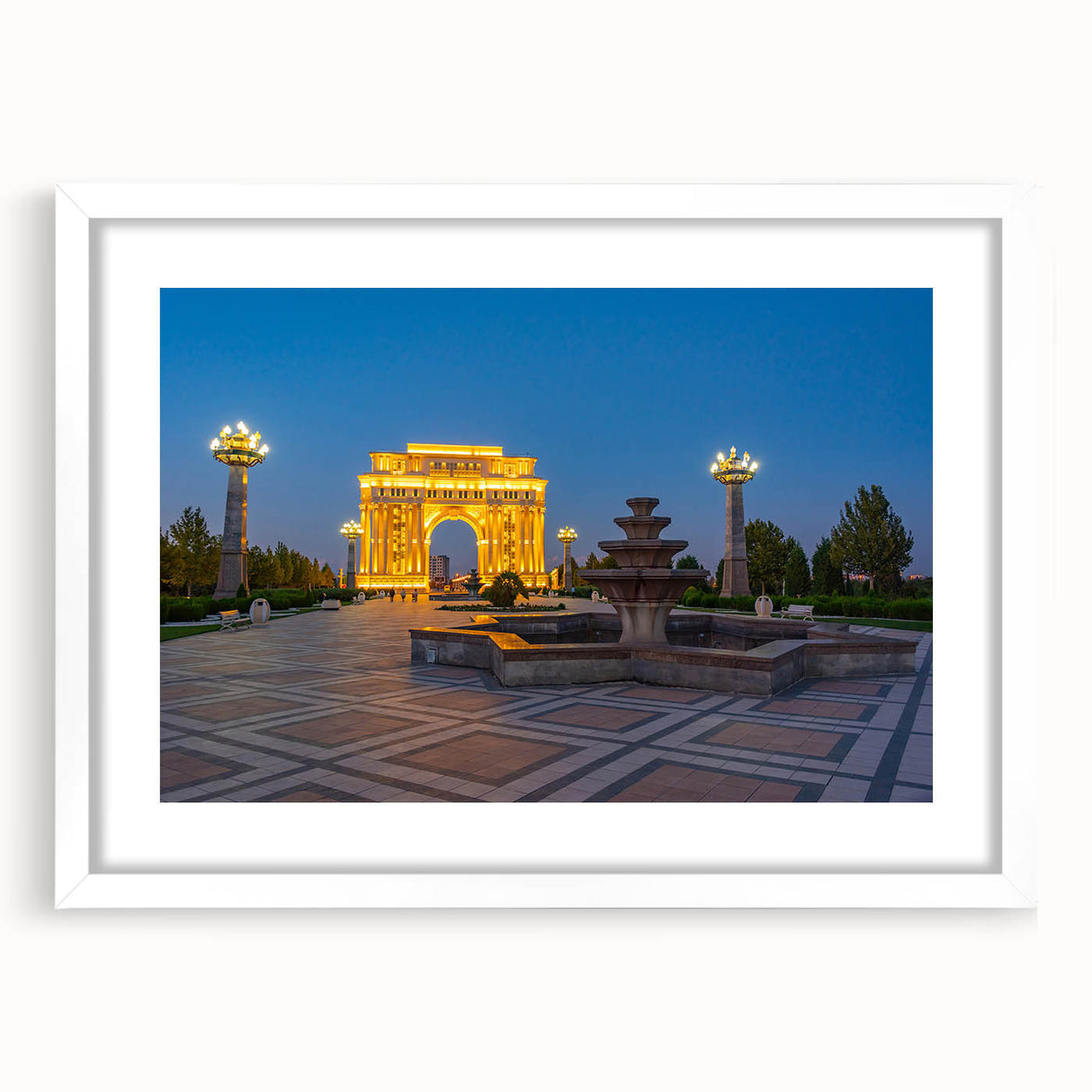 Abstract art print of an Azerbaijani scenery in muted earth tones on a framed white mat.