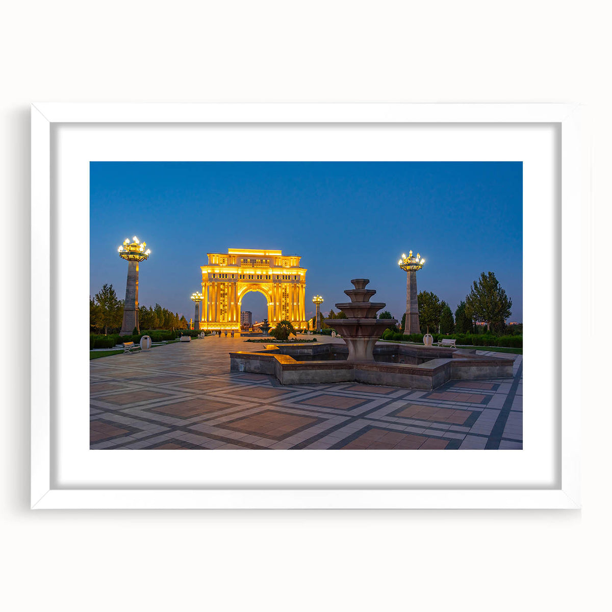 Abstract art print of an Azerbaijani scenery in muted earth tones on a framed white mat.