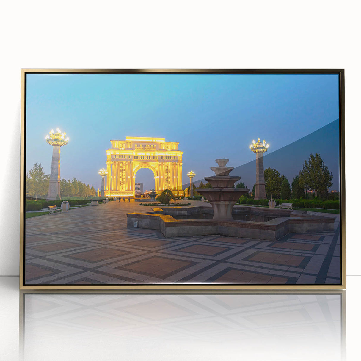 Large art print of a mid-century modernist Azerbaijani landscape in gold tones, framed acrylic.