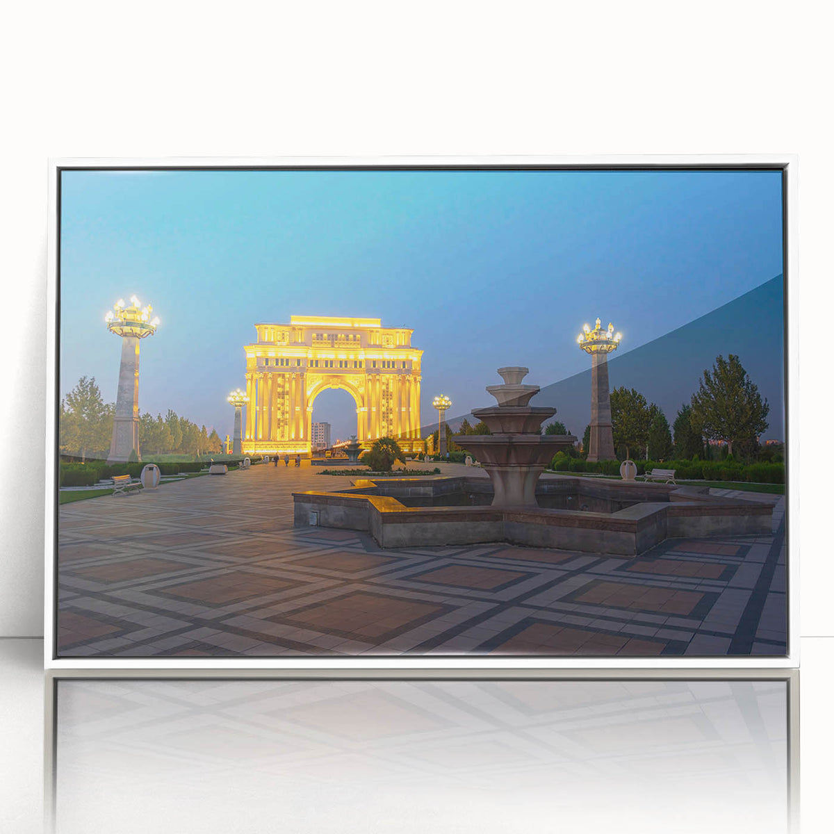 Art deco poster of an Asian landscape in muted earth tones, acrylic print in a white frame, suitable for nursery wall decor.