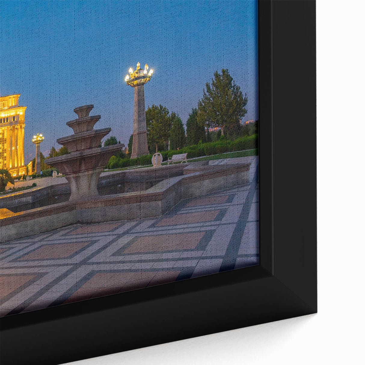 Extra large framed canvas of a textured, colorful art scene depicting an Asian landscape, ideal for living room decor.
