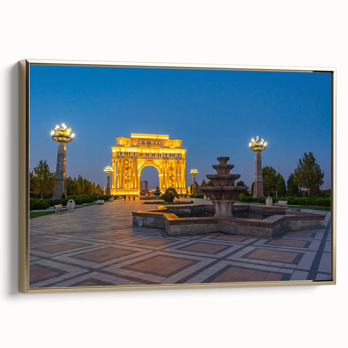 Framed canvas featuring a vintage-style landscape painting of an Azerbaijani scenery in muted gold and black tones.