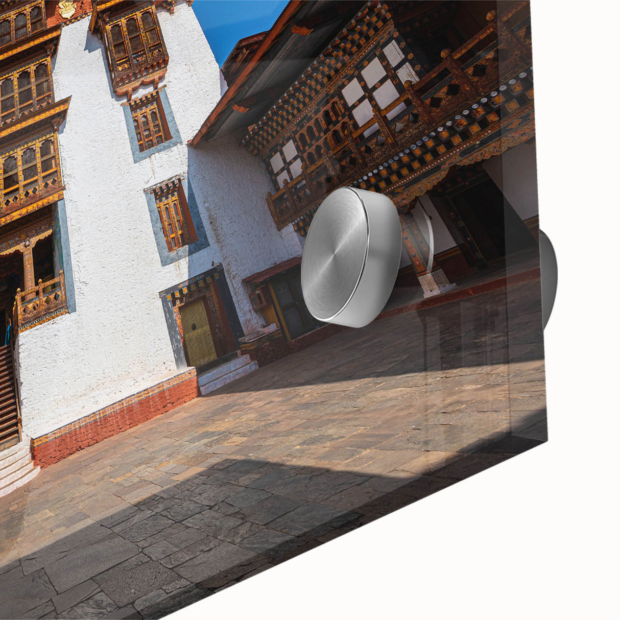 Large abstract wall art depicting Bhutan scenery in mid-century modernist style on acrylic glass, ideal for dining room art.