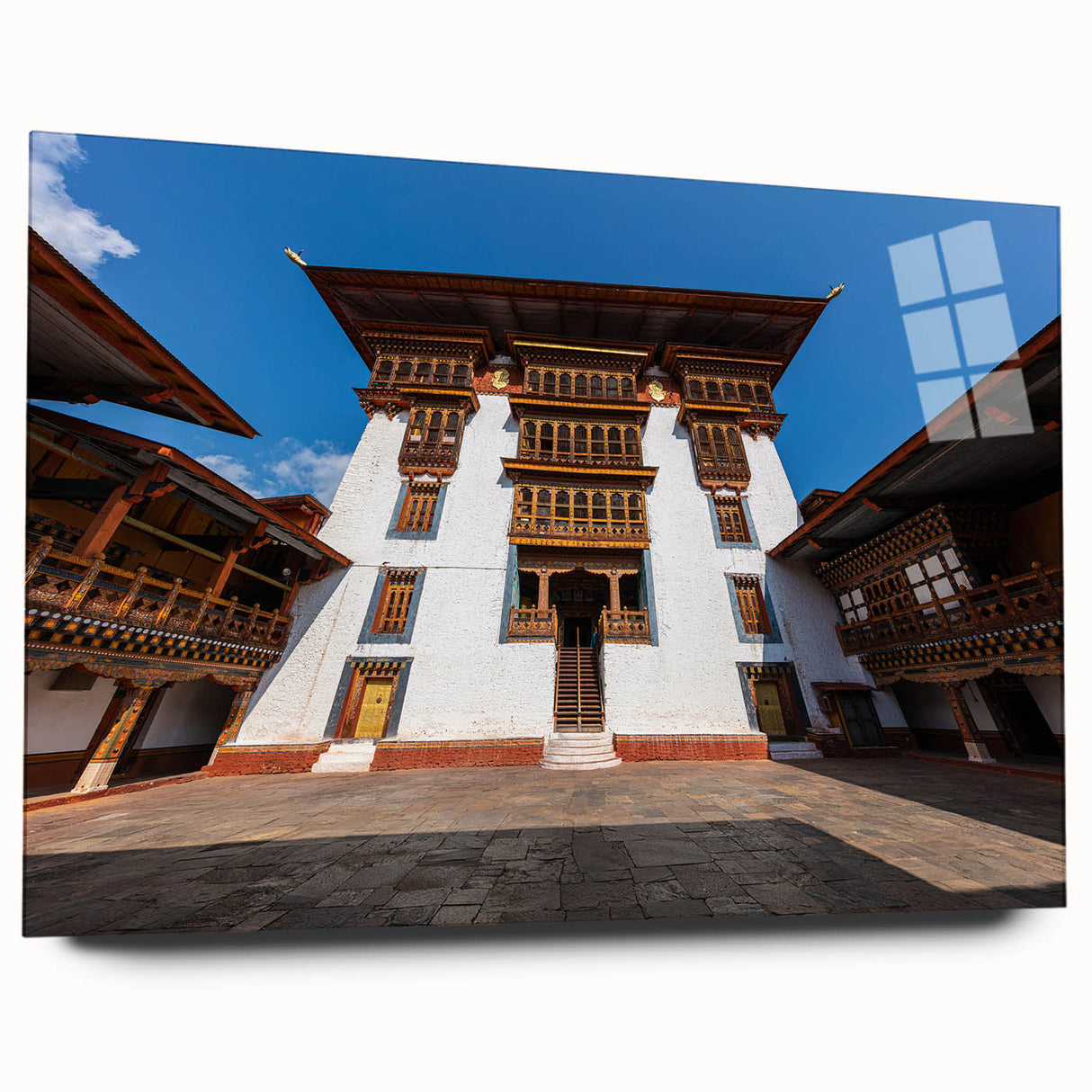 Large abstract wall art of Bhutan scenery in muted earth tones on acrylic glass, suitable for bedroom or dining room decor.