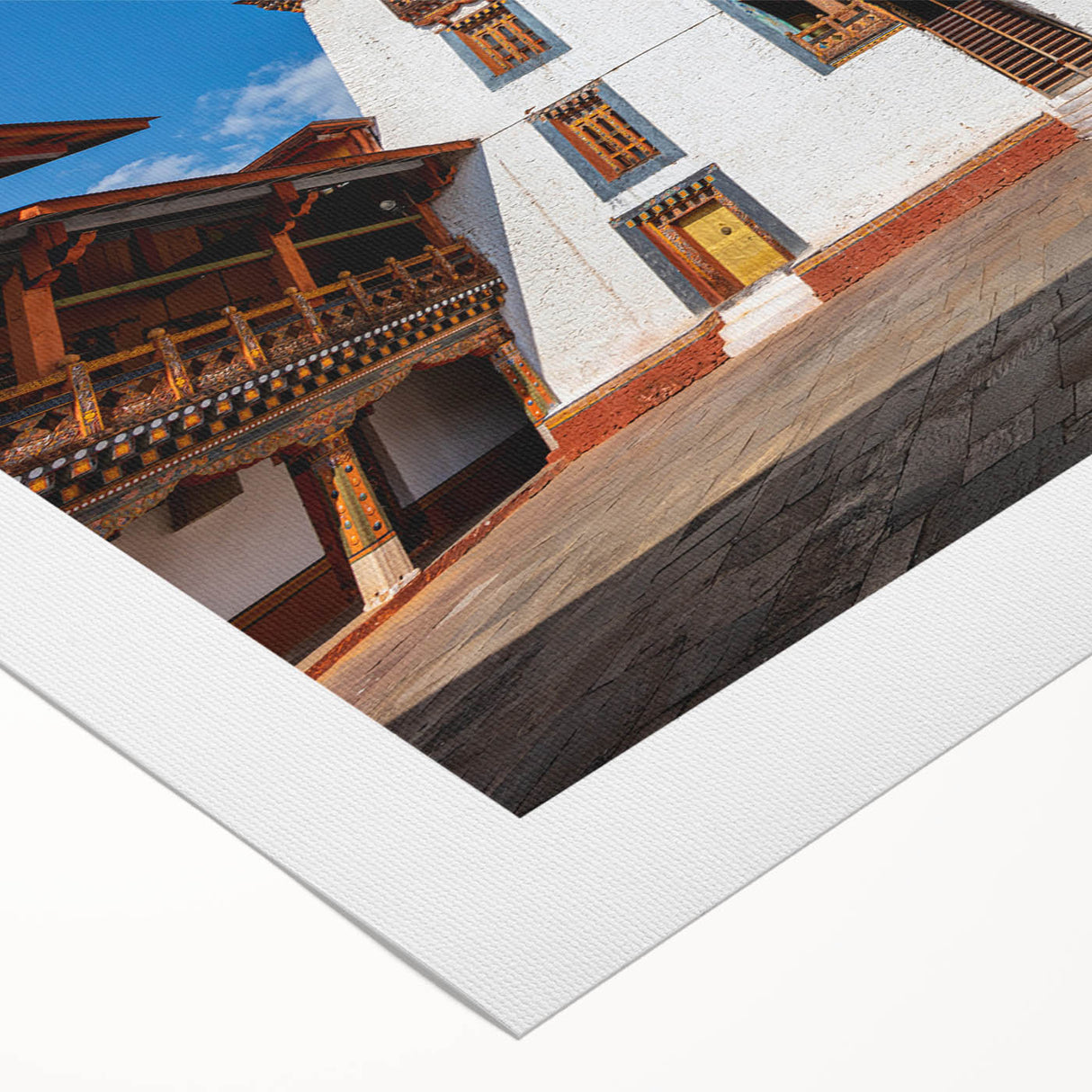 Art deco poster of a serene Bhutan landscape in muted earth tones on rolled canvas, suitable for dining room decor.