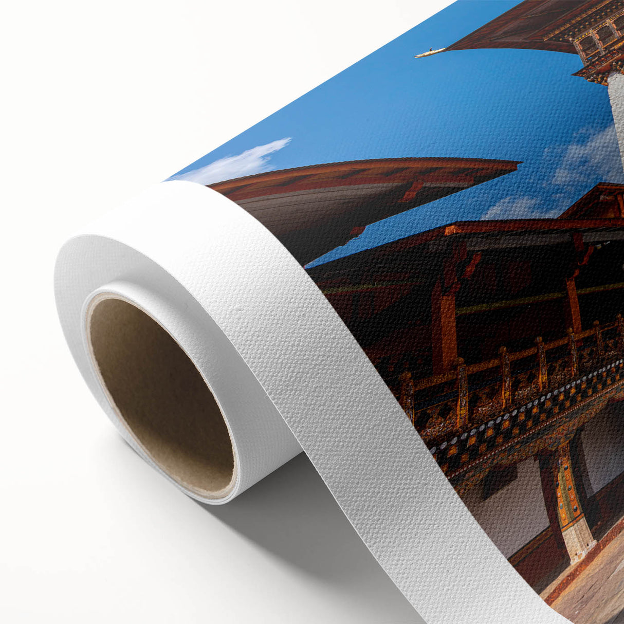 Art deco poster of Bhutan scenery in muted earth tones on rolled canvas, ideal for nursery wall art or dining room decor.