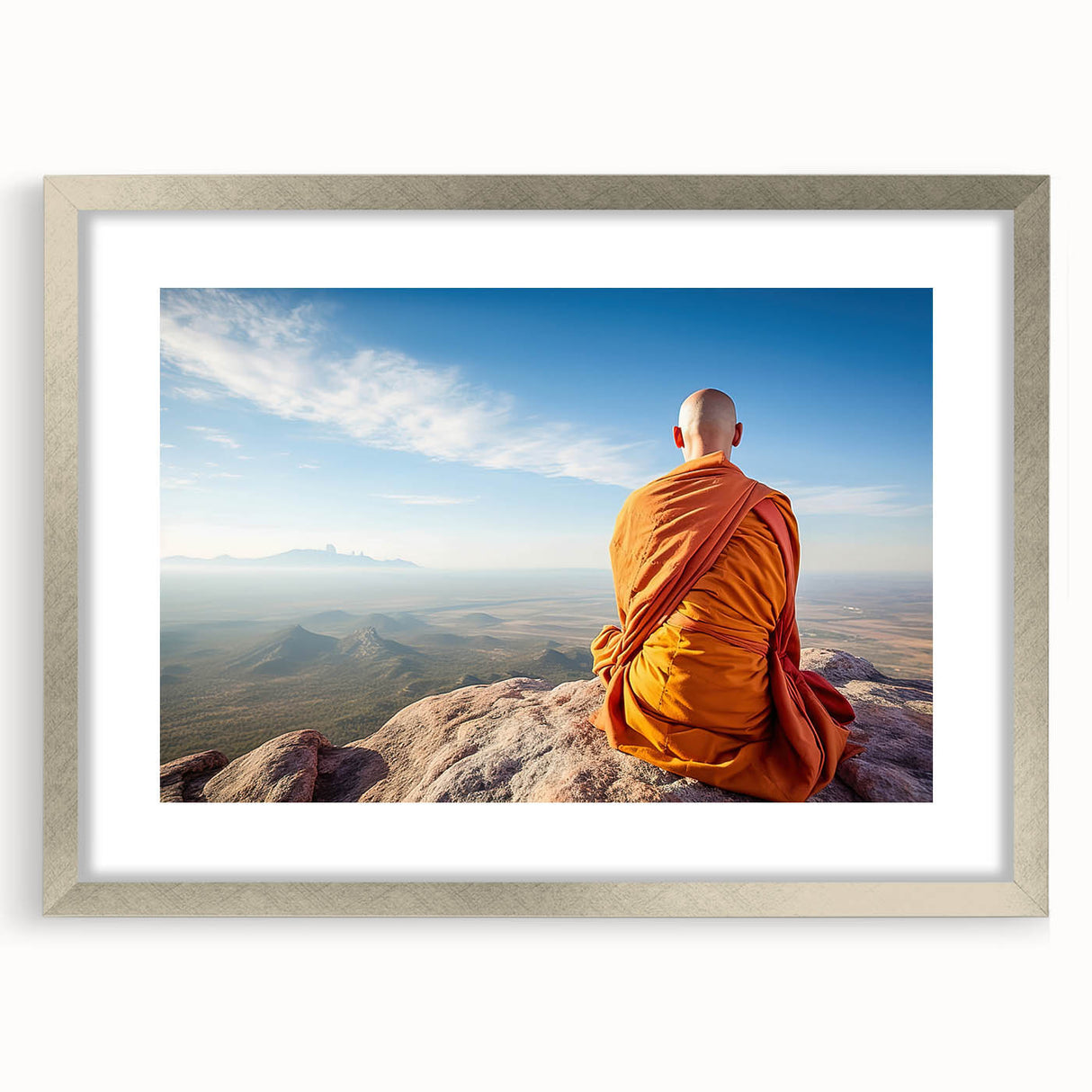 Abstract textured art print depicting a serene Tibetan landscape in muted earth tones, framed in silver.