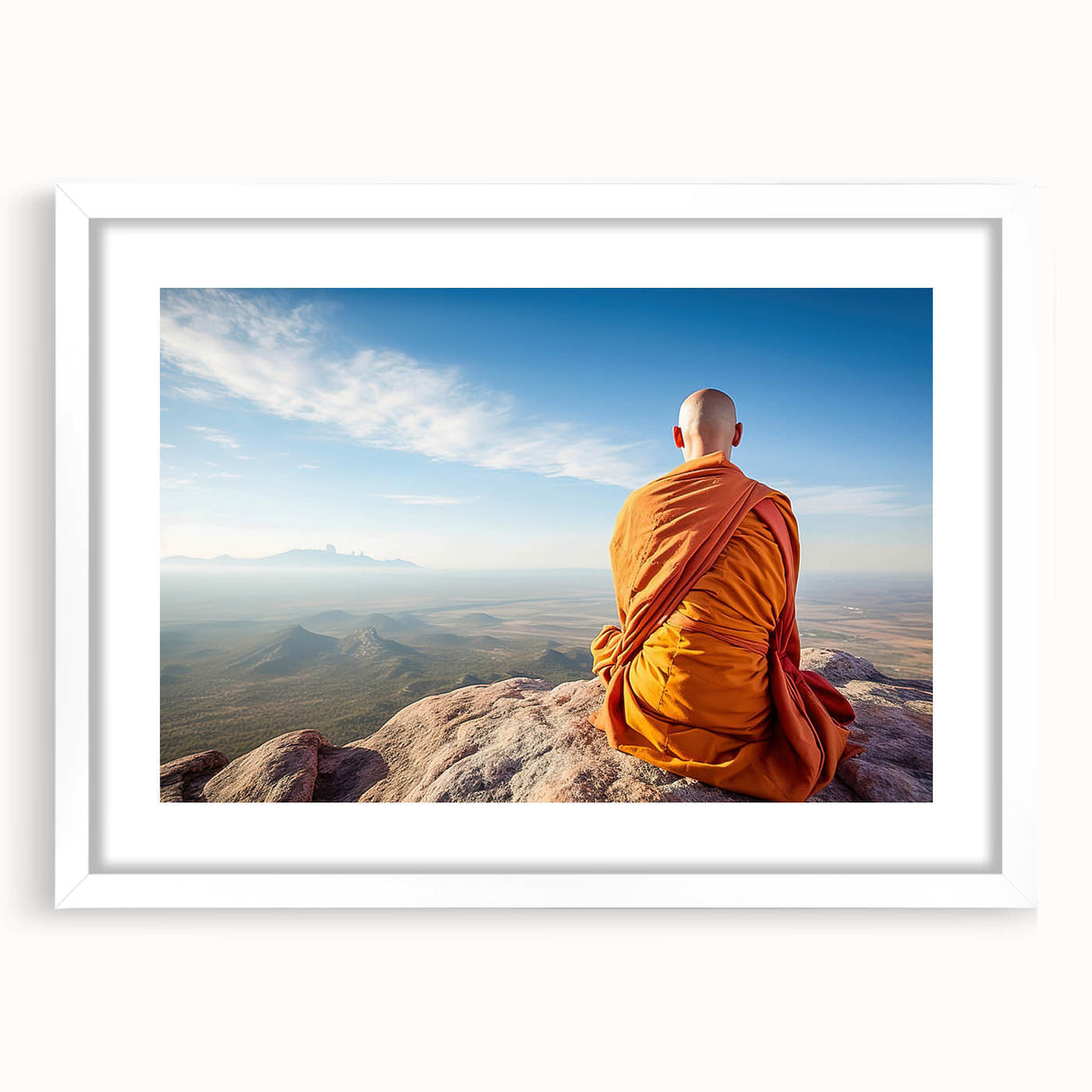 Abstract art print of a Tibetan landscape in muted earth tones on a framed white mat, suitable for dining room decor.