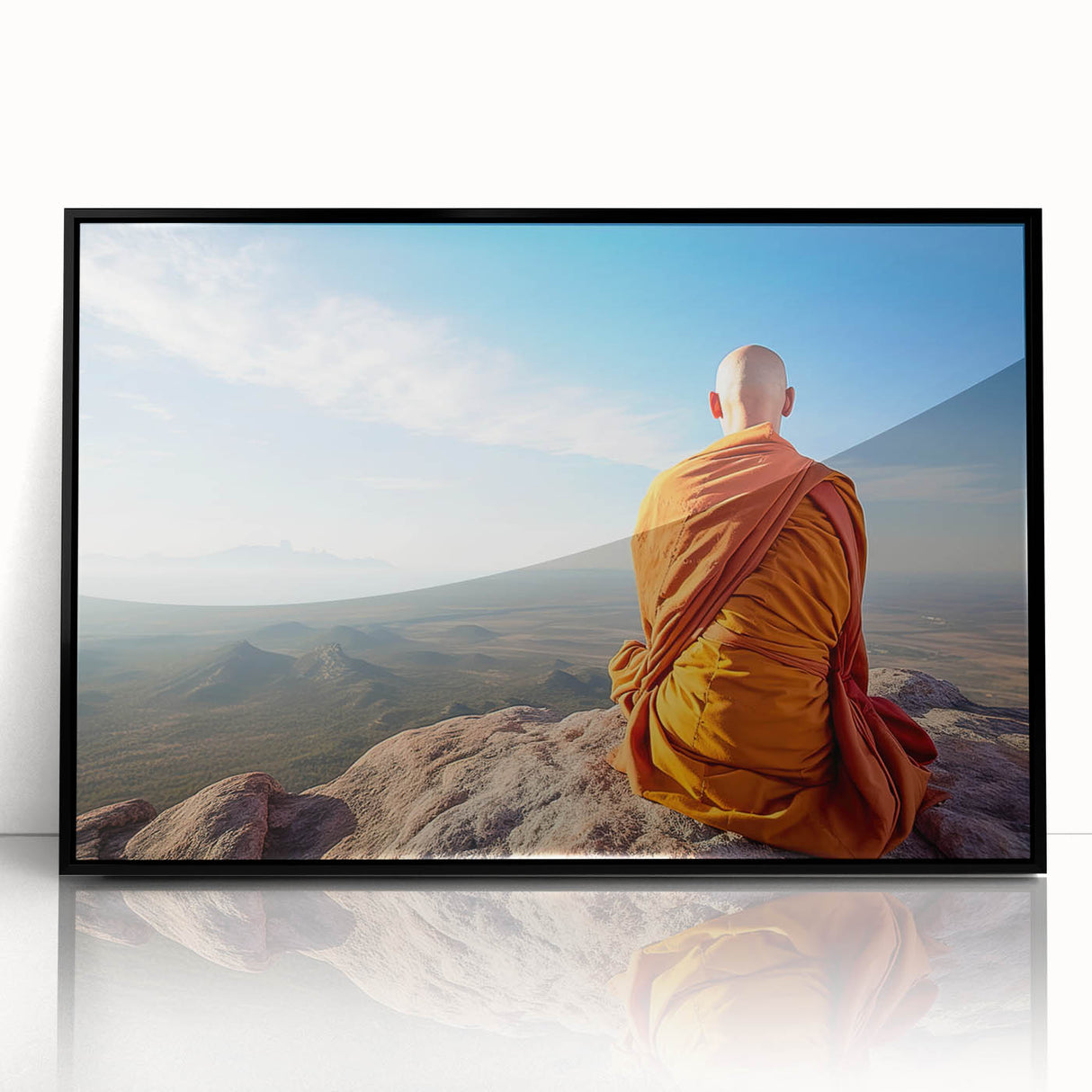 Large abstract wall art depicting a Tibetan landscape in muted earth tones, framed in black acrylic.