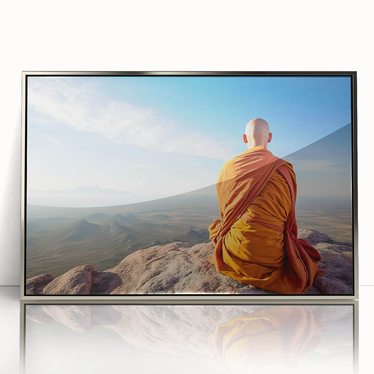 Mid-century modernist art depicting a serene Tibetan landscape in soft pastel colors, framed in silver acrylic.