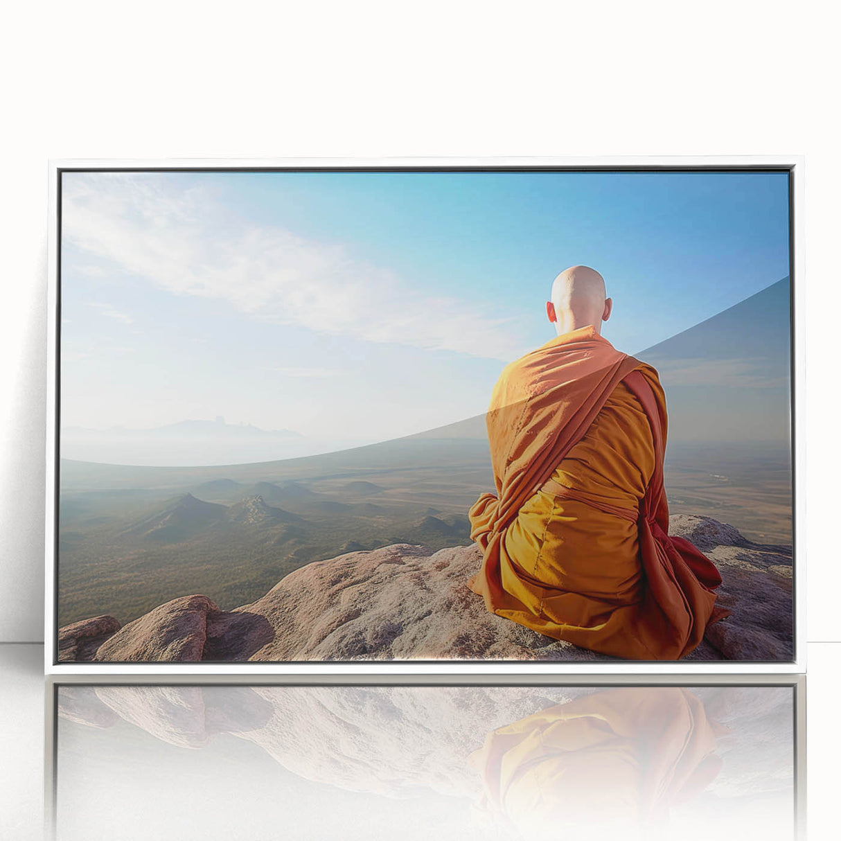 Acrylic print of a Tibetan landscape in muted earth tones, framed in white, suitable as modern art wall decor for a nursery.