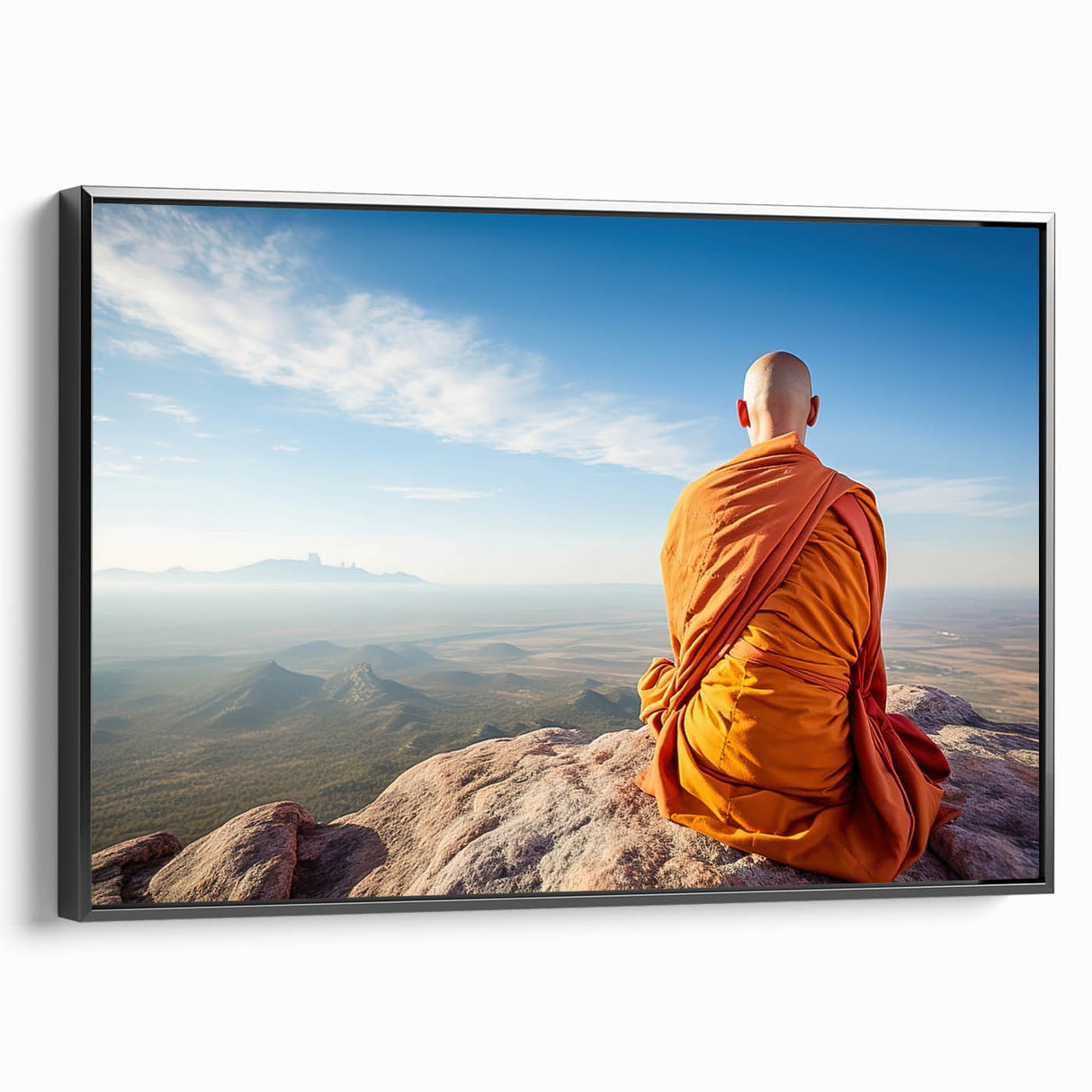 Black and white framed canvas of a Tibetan landscape, ideal for bedroom wall art with a vintage poster style.