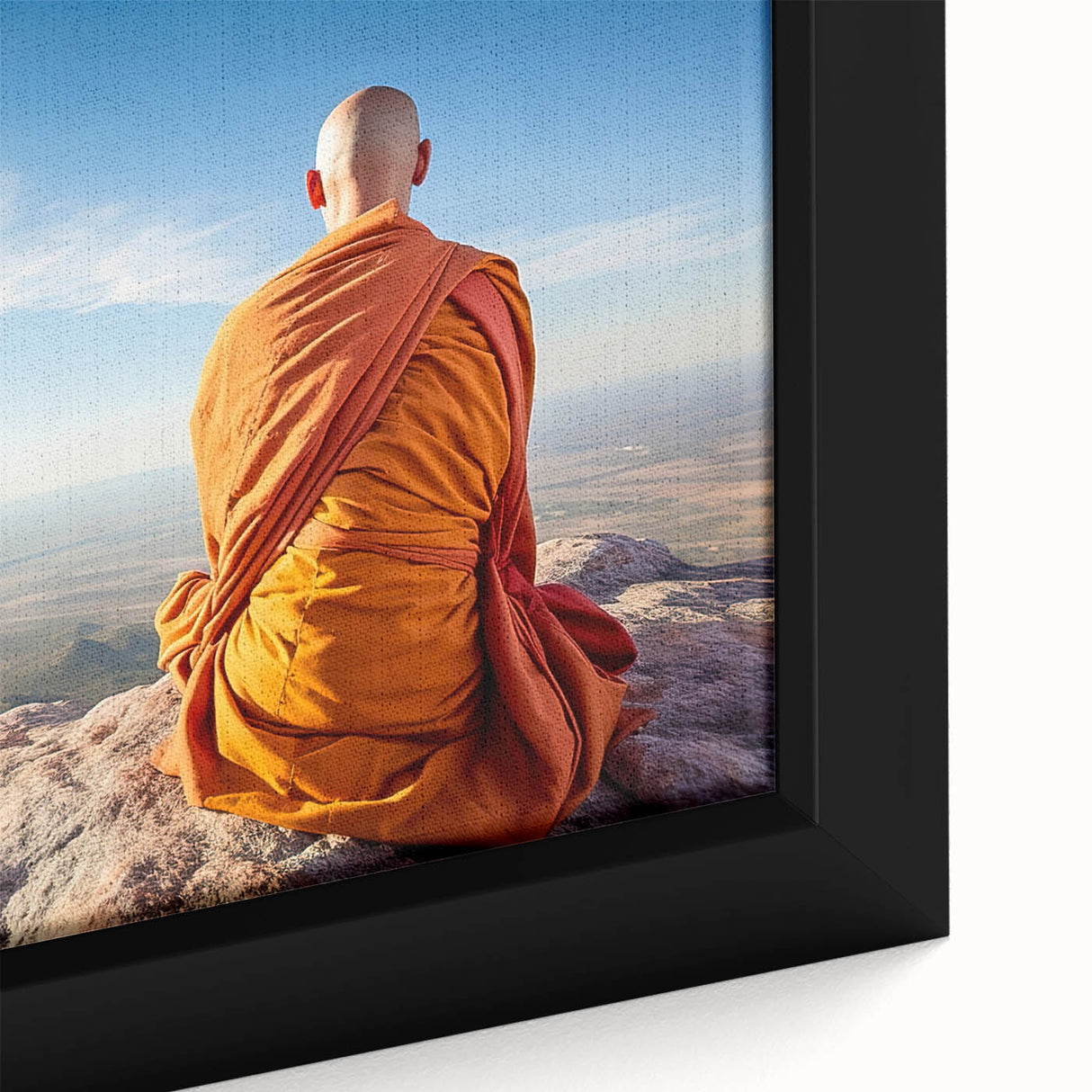 Extra large framed canvas of a textured Tibetan landscape in black with colorful accents, ideal for living room decor.