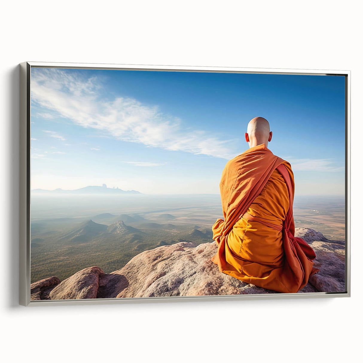 Framed canvas of a vintage-style landscape art painting depicting colorful Tibetan scenery.