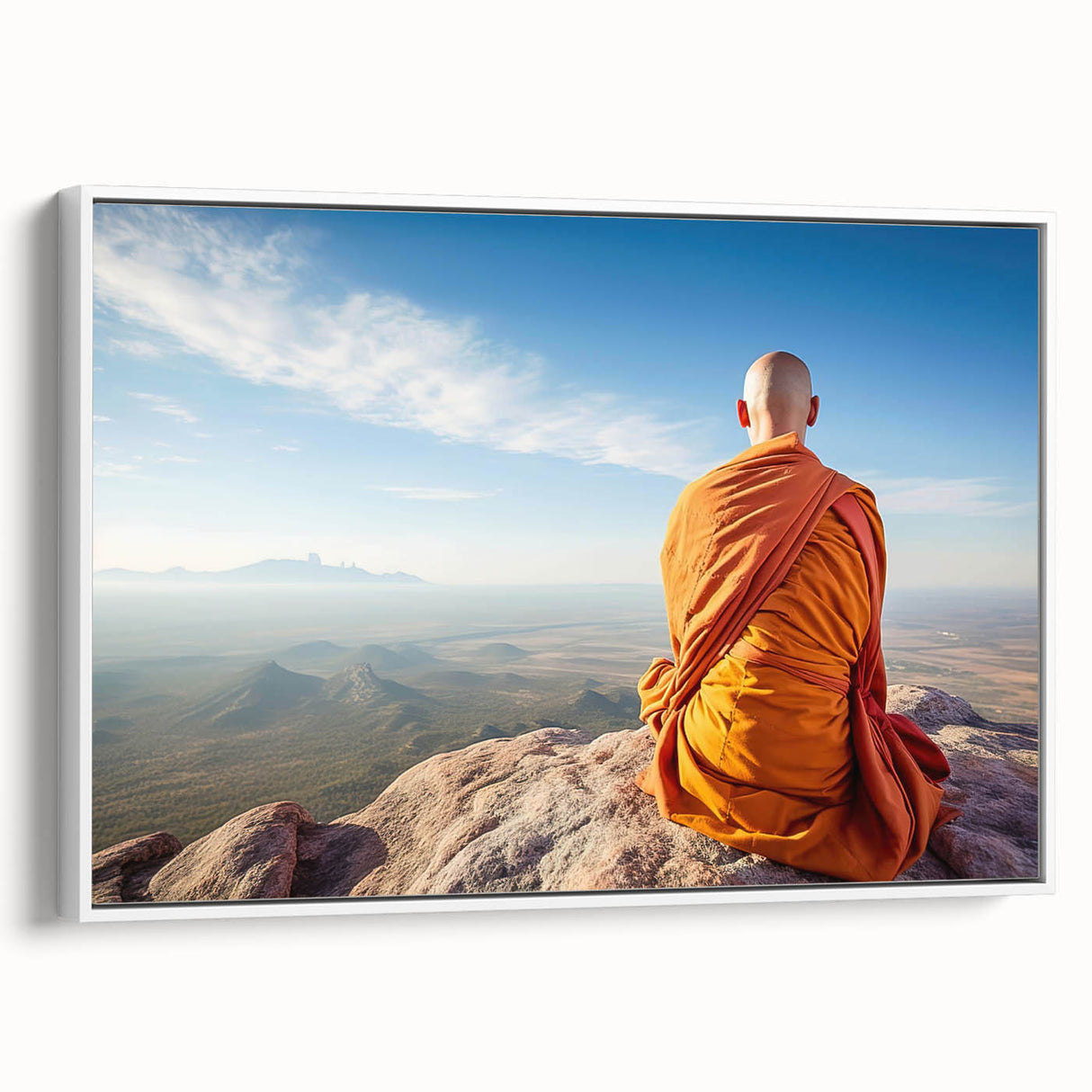 Vintage poster art of a Tibetan landscape in colorful hues on a large framed canvas, ideal for living room decor.