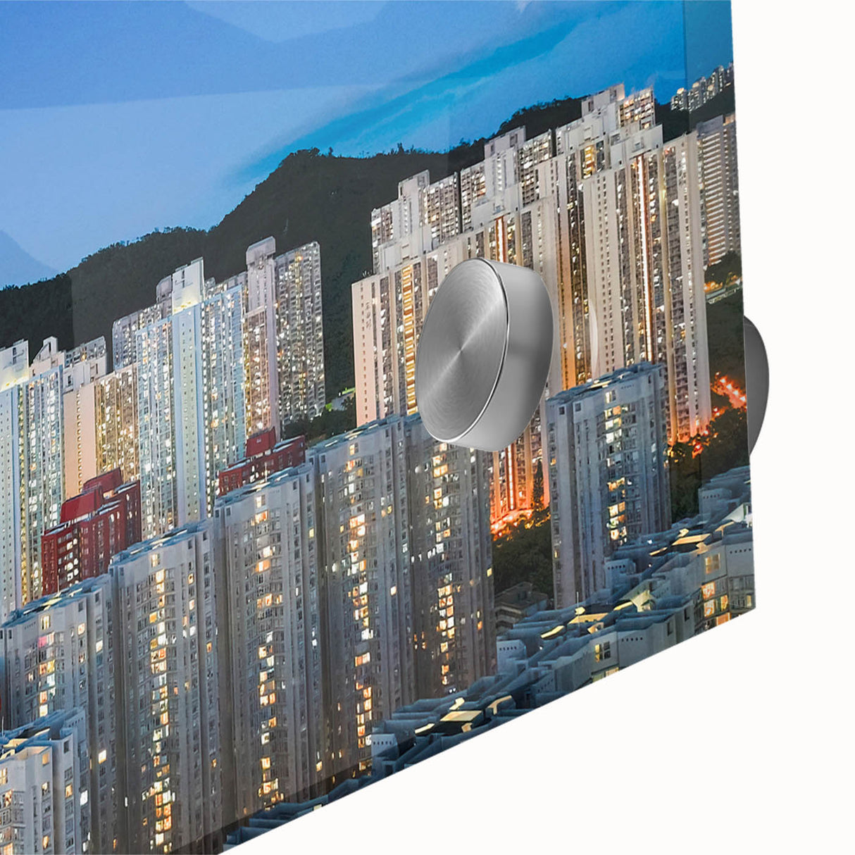 Large abstract wall art of Hong Kong skyline in acrylic glass, featuring mid-century modernist style with vibrant colors.