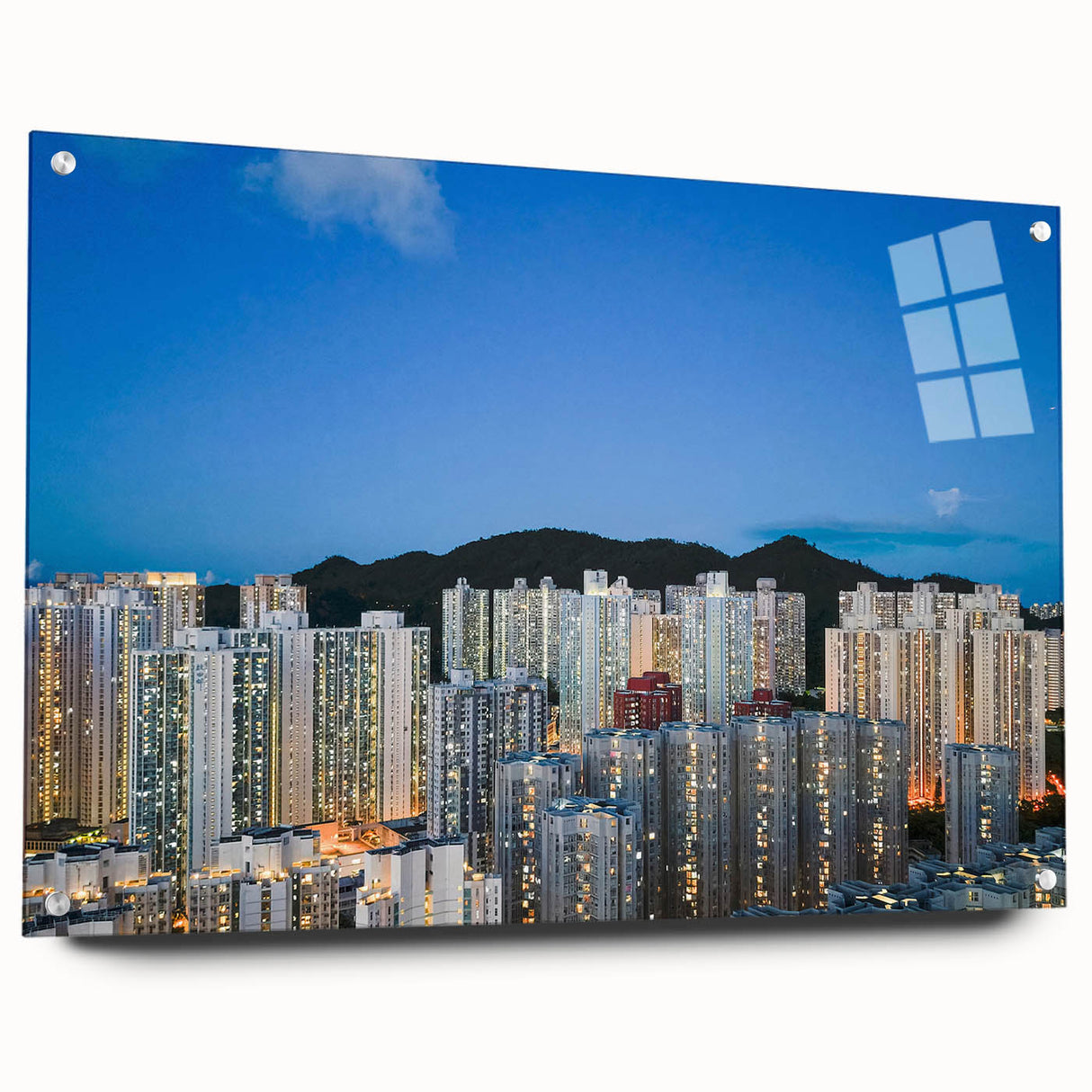 Acrylic print of Hong Kong skyline in muted gray tones, ideal for modern dining room decor.
