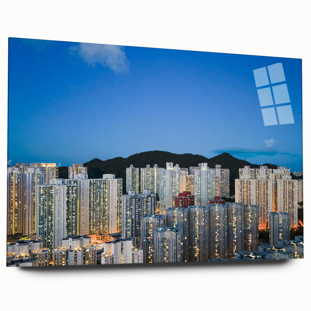 Large abstract wall art of Hong Kong skyline in muted blue and gray tones on acrylic glass.