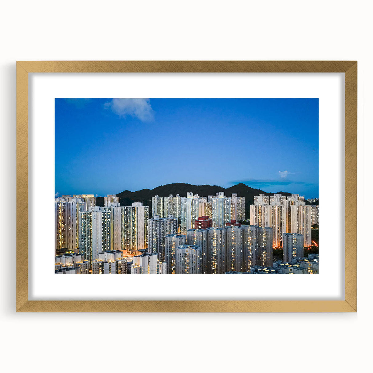 Extra large framed abstract art print featuring textured Hong Kong skyline in muted gold and gray tones.