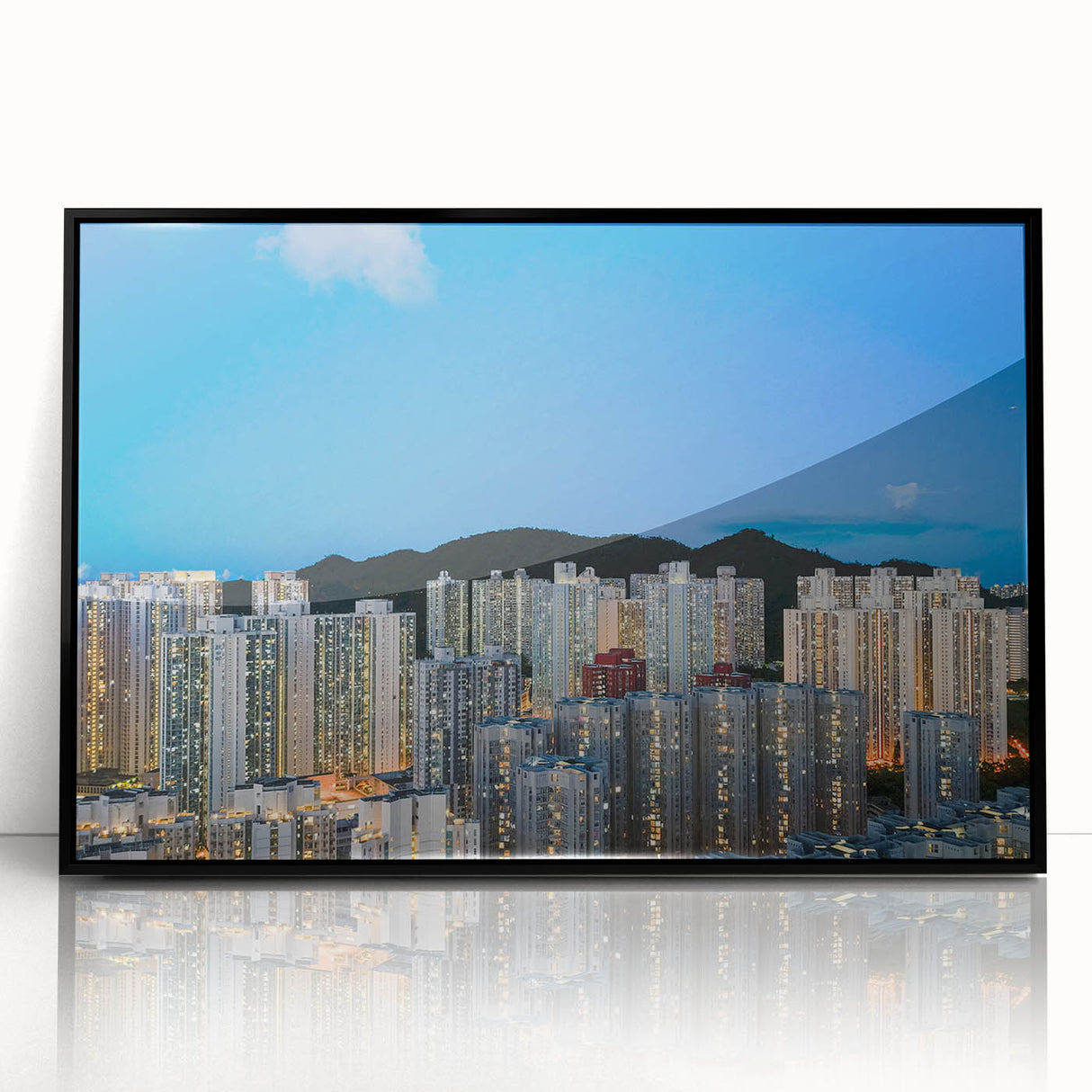 Large abstract wall art depicting Hong Kong skyline in black and white on framed acrylic.
