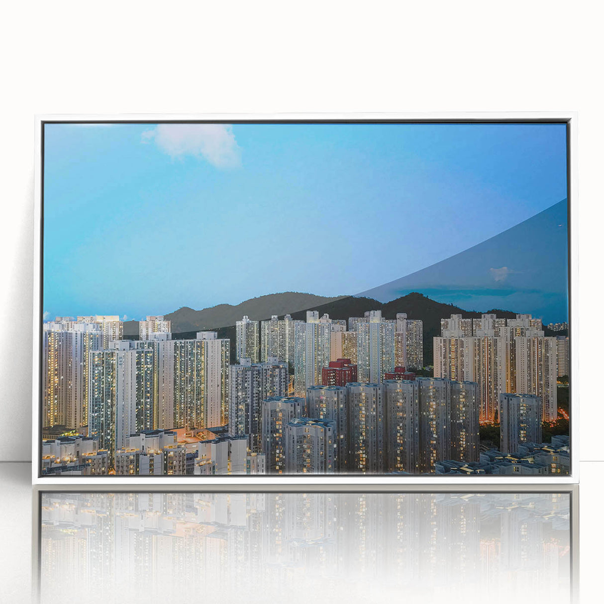 Framed acrylic print of a Hong Kong skyline in art deco style, featuring muted gray and blue tones.