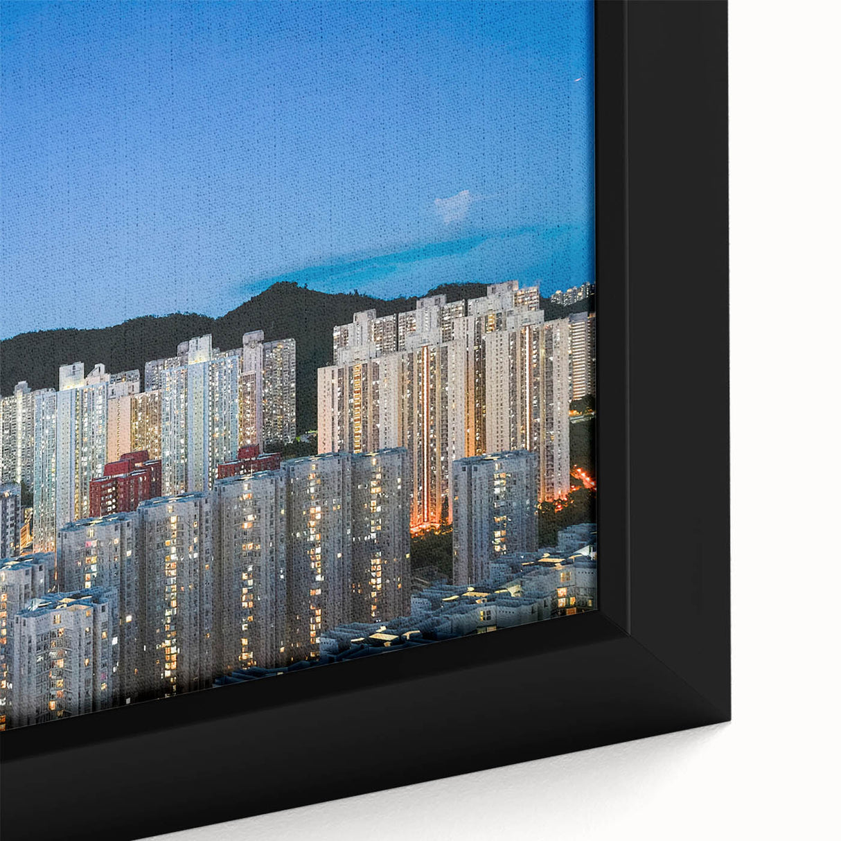 Framed canvas of Hong Kong skyline in black with colorful, textured highlights, ideal for living room decor.