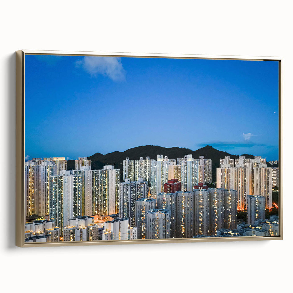 Framed canvas featuring a vintage-style Hong Kong landscape in black and gold tones, ideal for bedroom wall decor.
