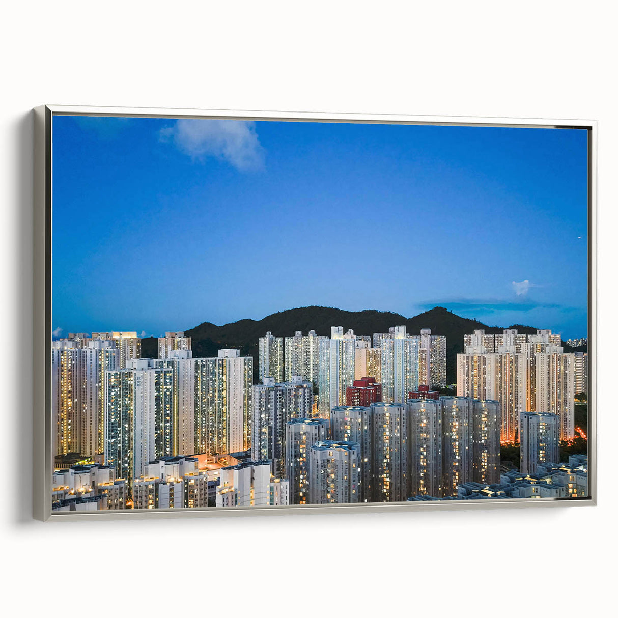 Framed canvas featuring a vintage-style Hong Kong landscape in colorful tones, ideal for a modern living room.
