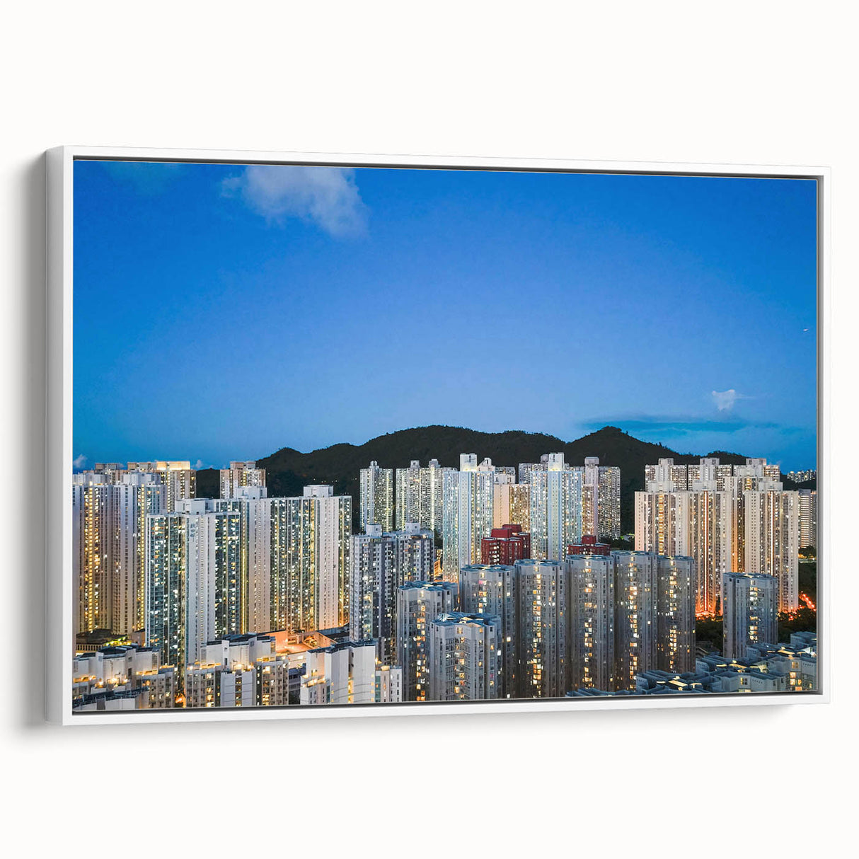 Vintage poster art of Hong Kong skyline on framed canvas, featuring vibrant colorful details, ideal for living room decor.