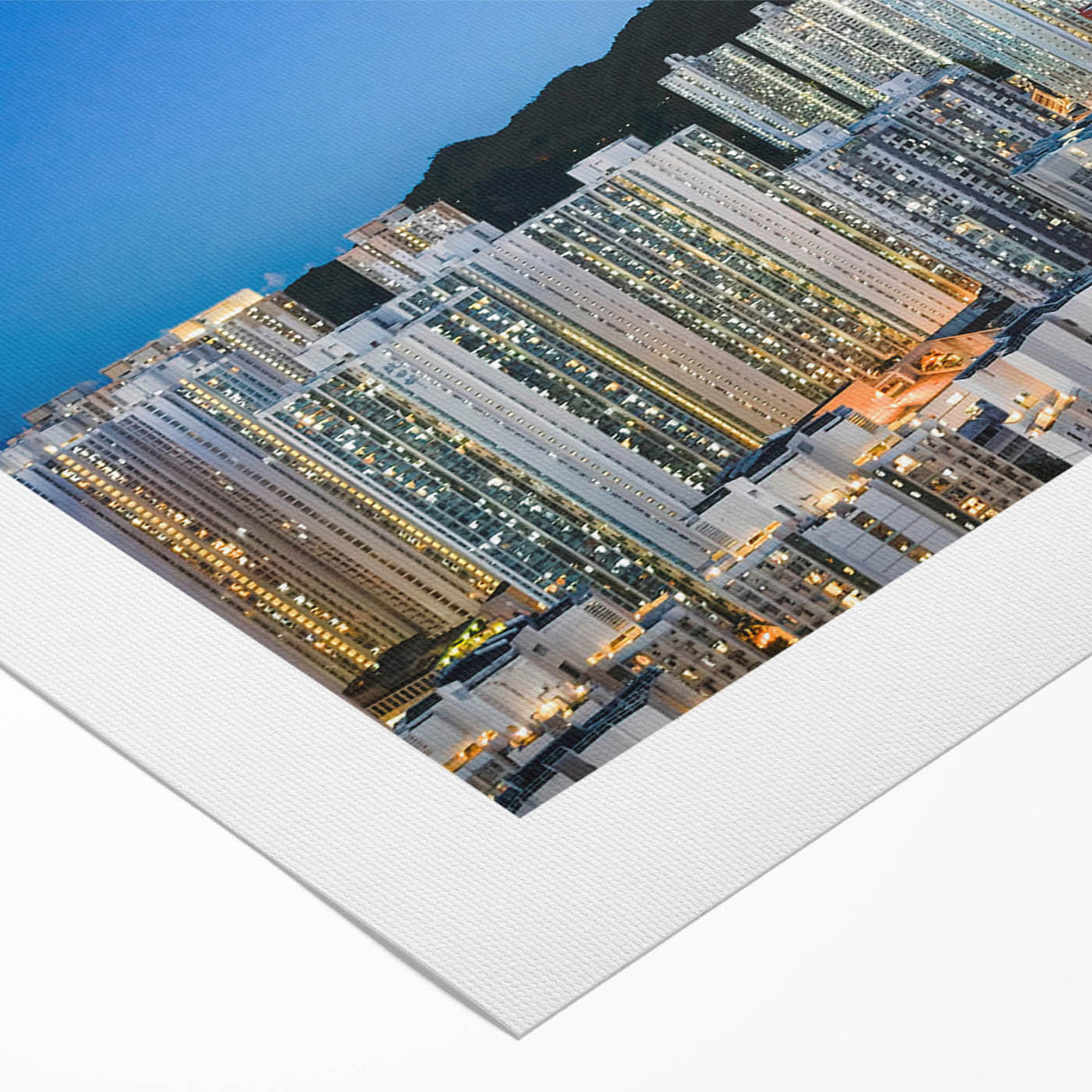 Art deco poster of Hong Kong skyline in muted gray and blue tones on rolled canvas, ideal for dining room wall art.