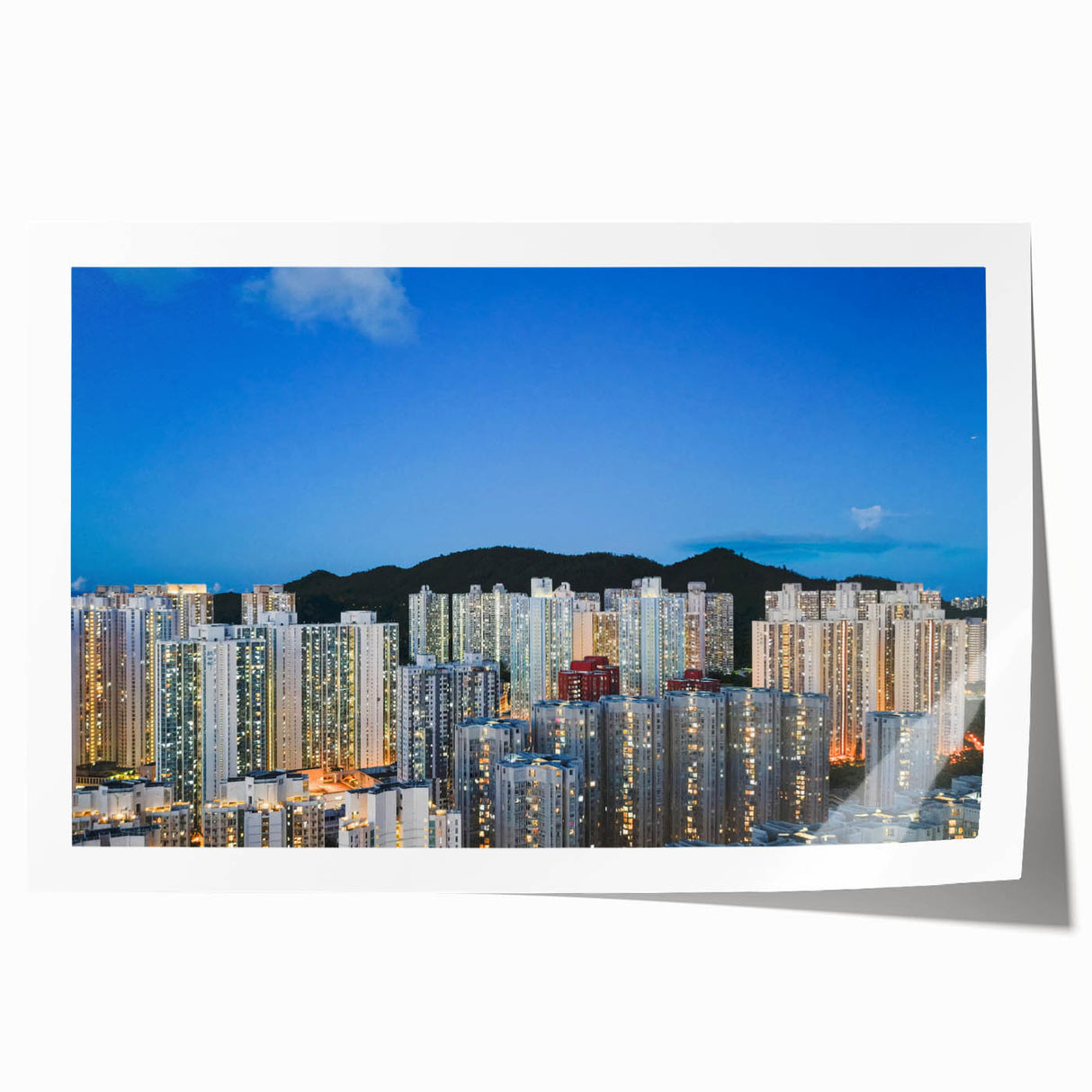 Extra large rolled print of Hong Kong skyline with floral accents in muted colors, ideal for art wall dining room.