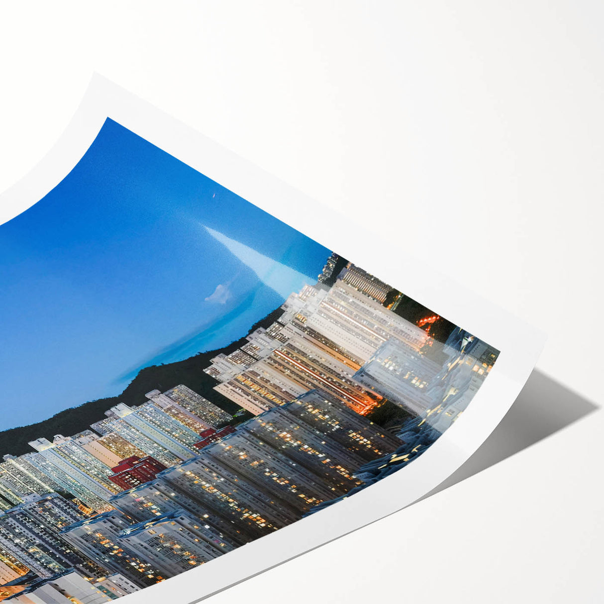 Extra large wall art featuring line art flowers over a Hong Kong scenery background, printed on rolled canvas.