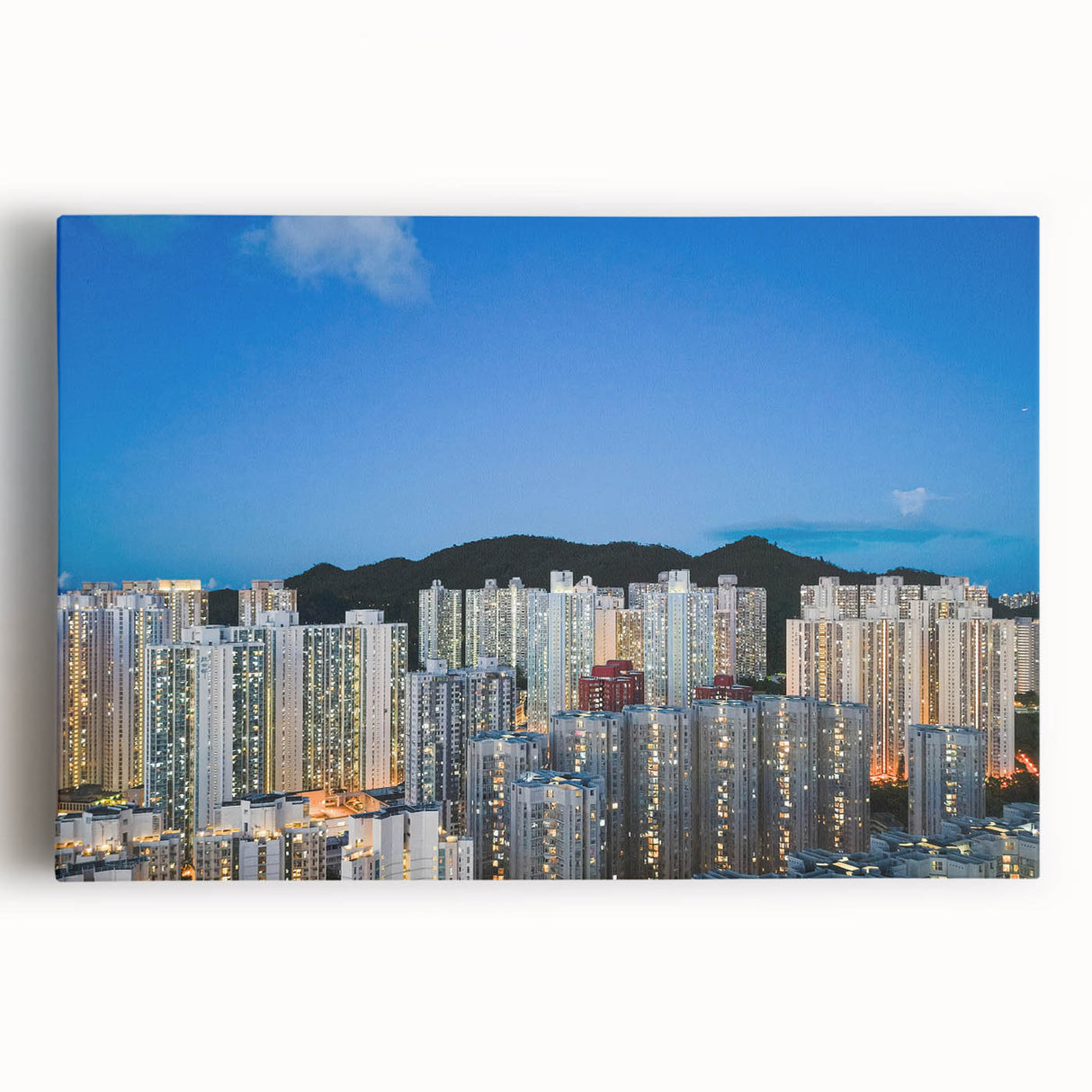 Black and white stretched canvas featuring a detailed Hong Kong cityscape, ideal for kitchen wall art.