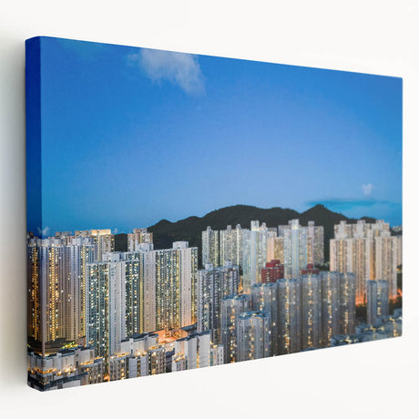 Hong Kong skyline with muted gray and blue tones on a large stretched canvas, suitable for kitchen wall art.