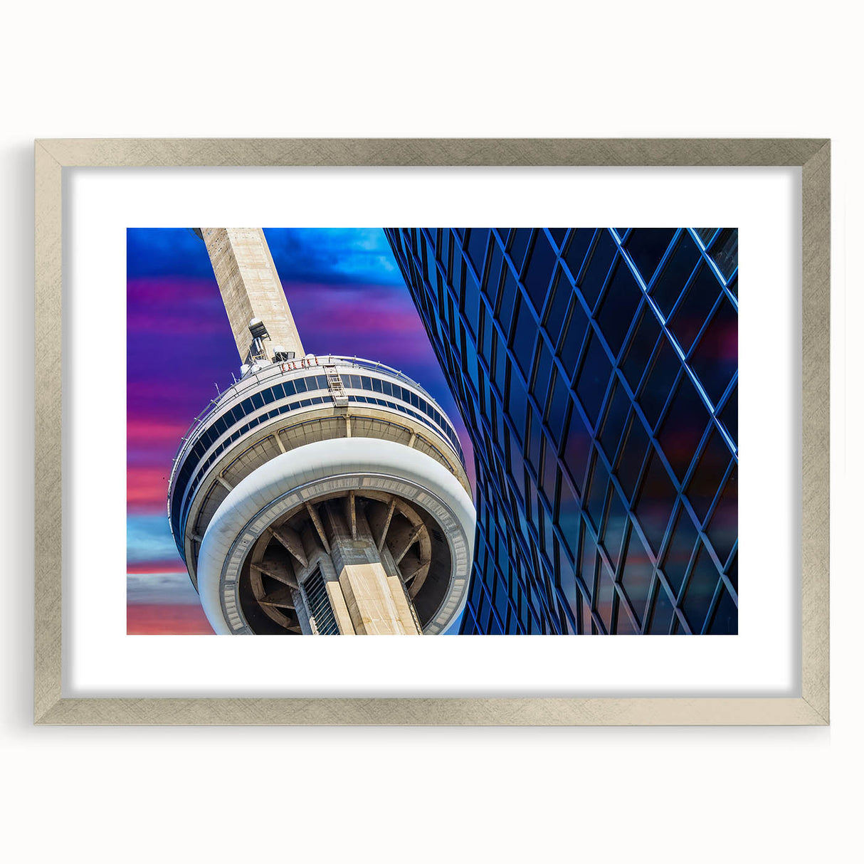 Textured abstract art print depicting a misty Ontario landscape in muted blues and grays, framed in silver.