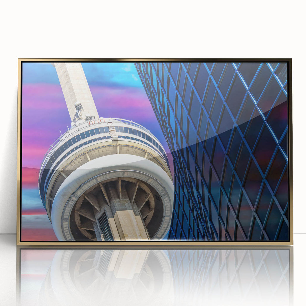 Large art print of Ontario, Canada scenery in mid-century modernist style, framed in gold acrylic.