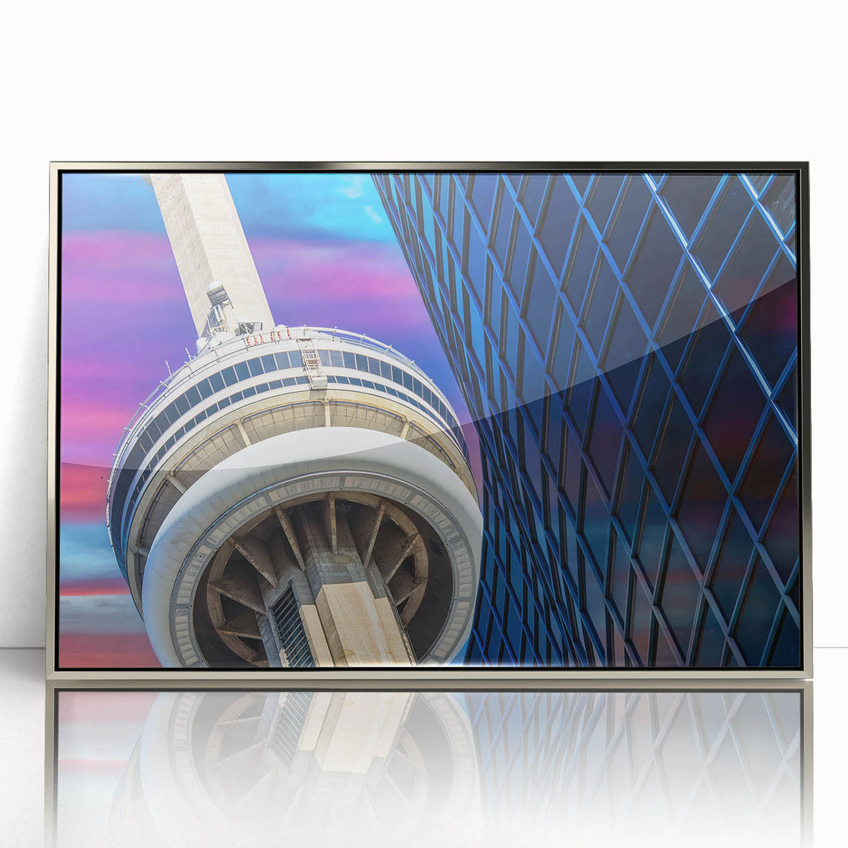 Mid-century modernist art depicting Ontario, Canada scenery in muted blue and green tones, framed acrylic.