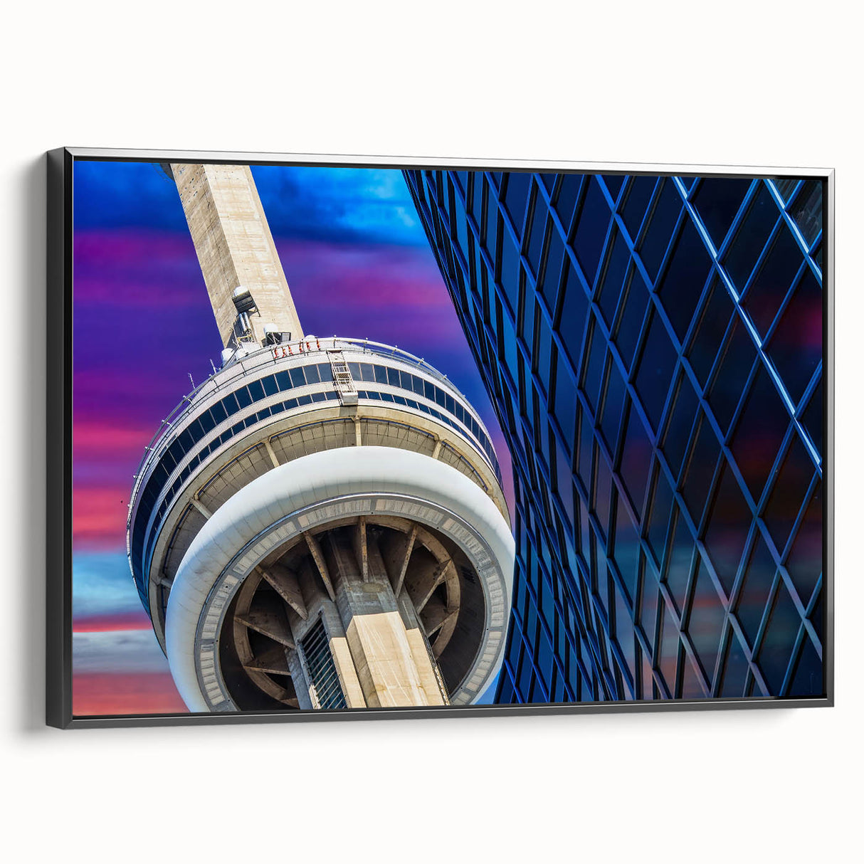 Black and white wall art featuring a vintage poster-style landscape of Ontario, Canada on framed canvas.