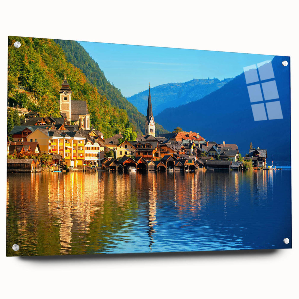 Acrylic print of a European landscape with lush greenery and mountains, suitable for dining room decor.