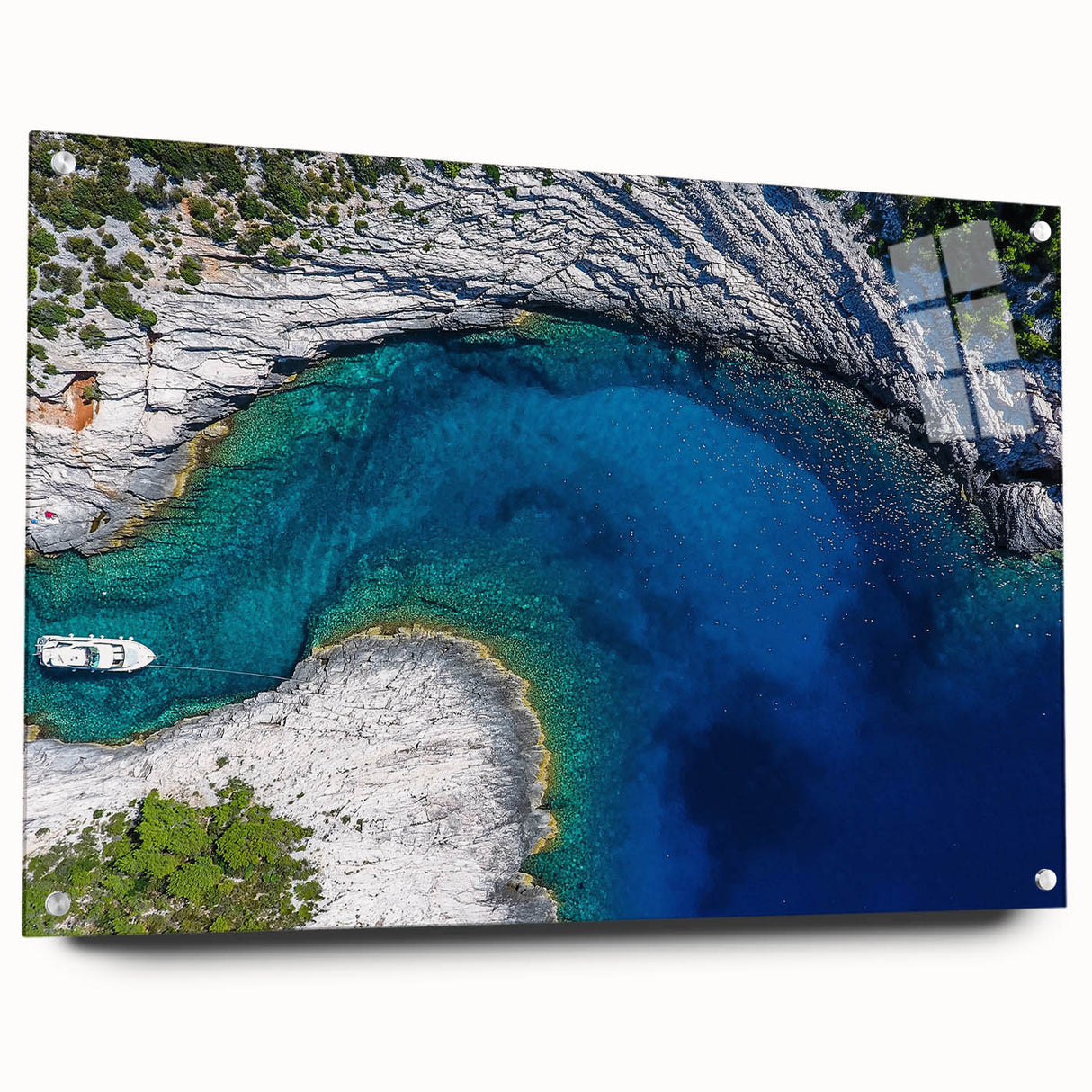 Large abstract wall art depicting a Croatian landscape in muted earth tones on acrylic glass.