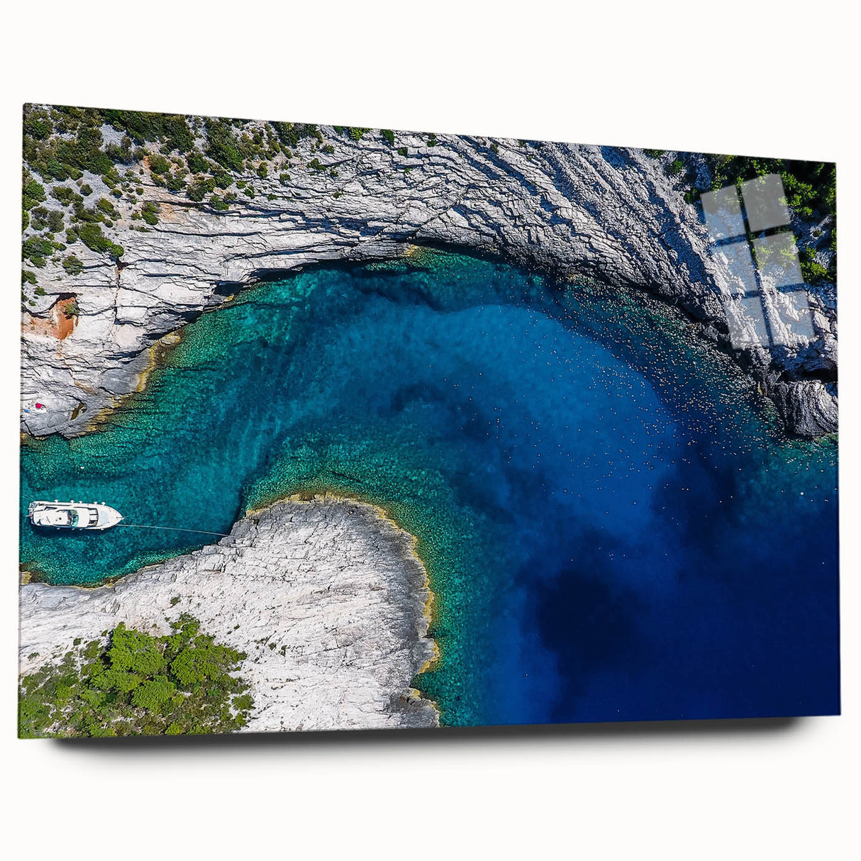 Large abstract wall art of a Croatian landscape in muted blue and green tones on acrylic glass.