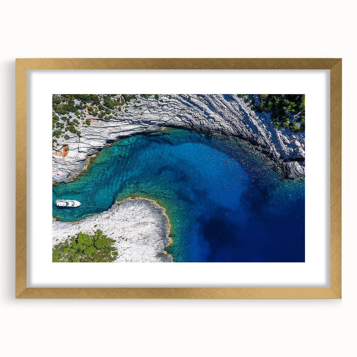 Abstract art print of a European Croatian landscape in muted earth tones on a framed canvas, suitable for dining room decor.