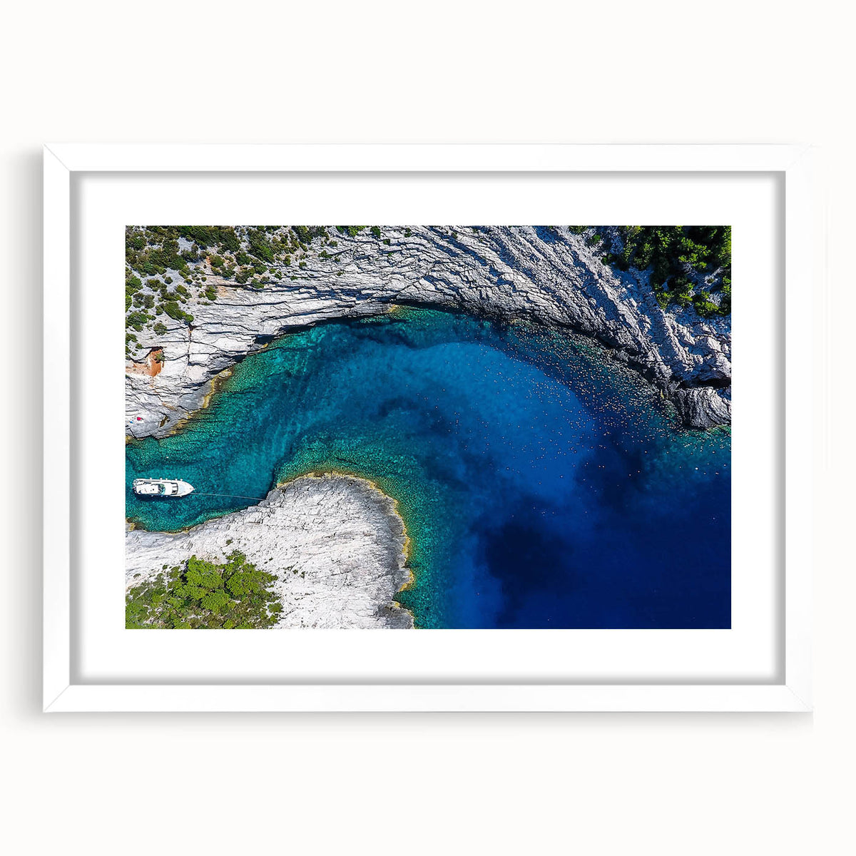 Textured art print of an abstract Croatian landscape in muted earth tones on a framed white mat, ideal for bedroom art.