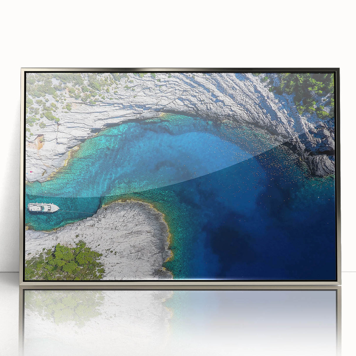 Large art print of a European Croatian scenery in muted earth tones on a silver-framed acrylic.