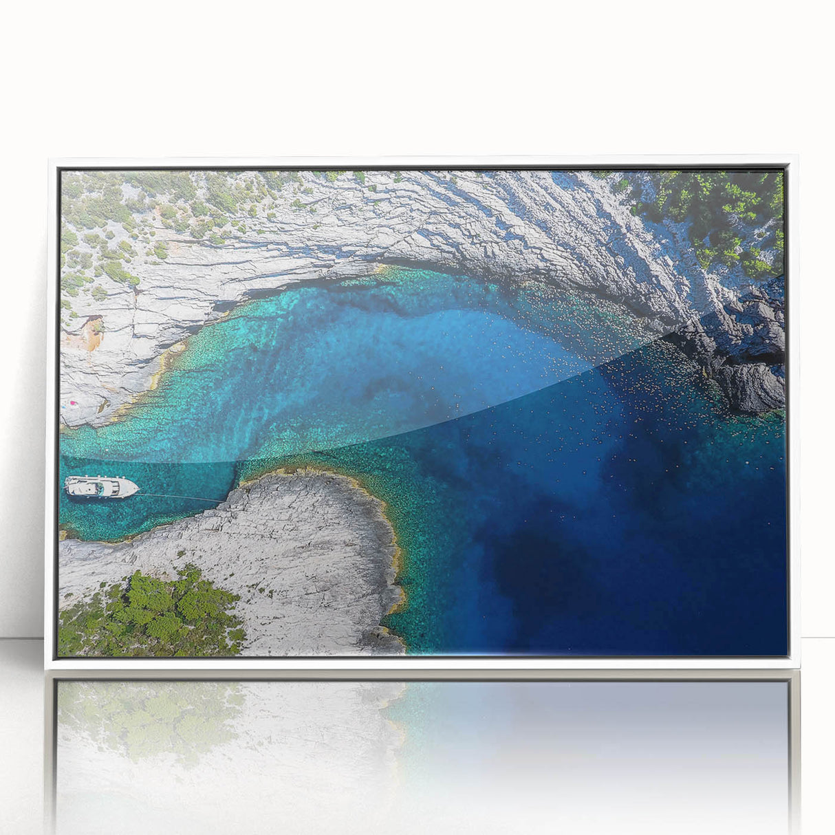 Mid-century modernist art depicting a European Croatian landscape in muted earth tones on a framed acrylic print.