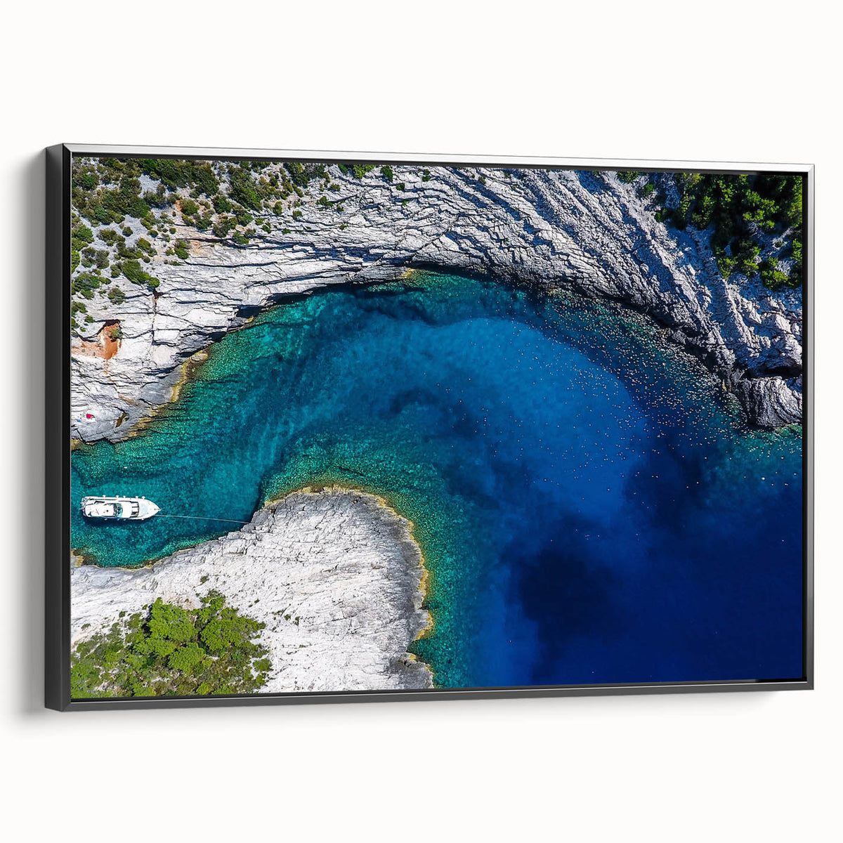 Black and white framed canvas featuring a vintage poster-style landscape of a Croatian scenery, ideal for bedroom decor.