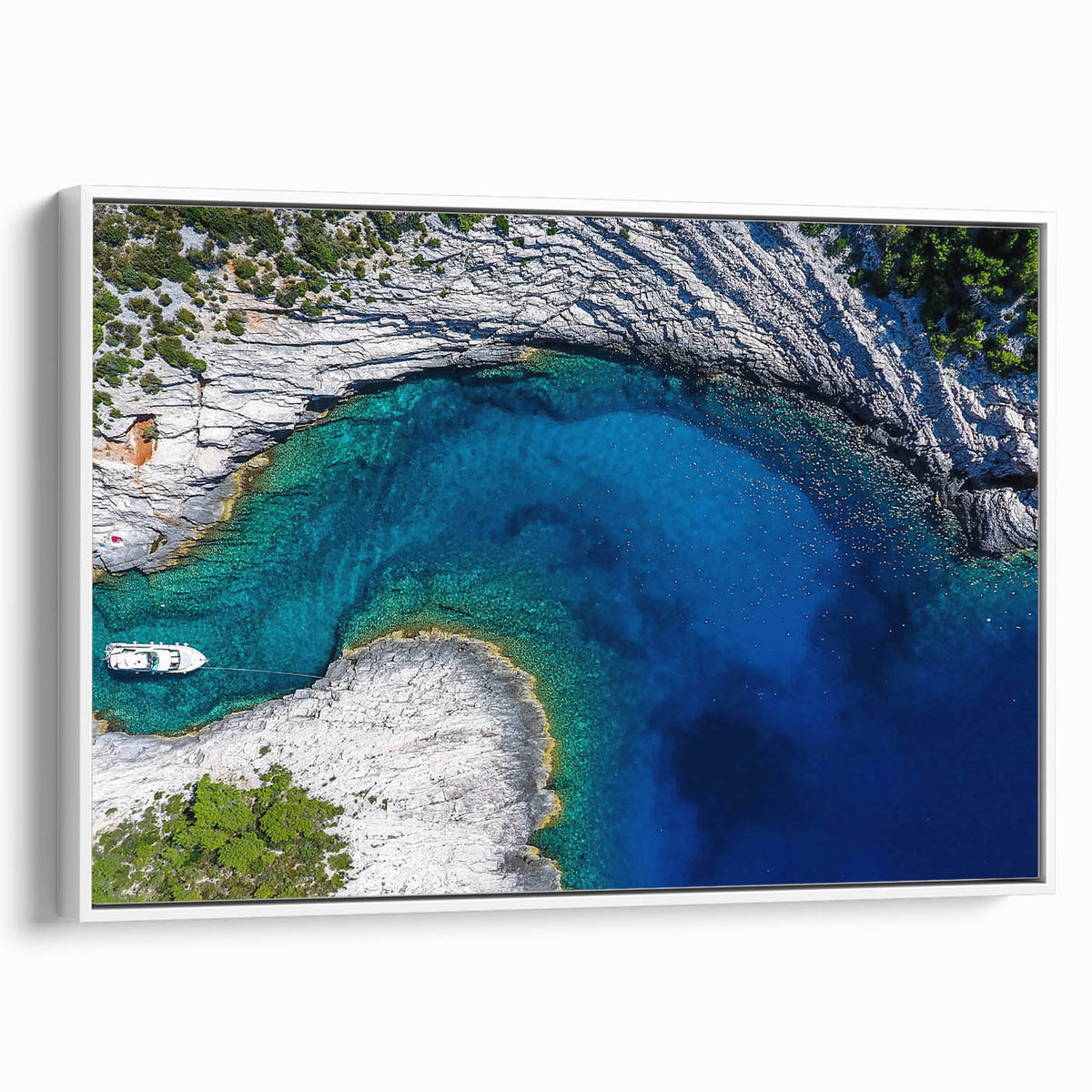 Vintage poster art of a scenic Croatian landscape on framed canvas, featuring vibrant colors, ideal for living room decor.