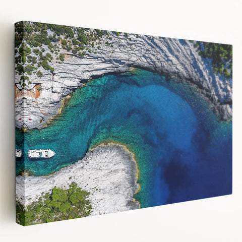 Large art print of a Croatian landscape on stretched canvas, featuring muted earth tones, ideal for kitchen wall decor.