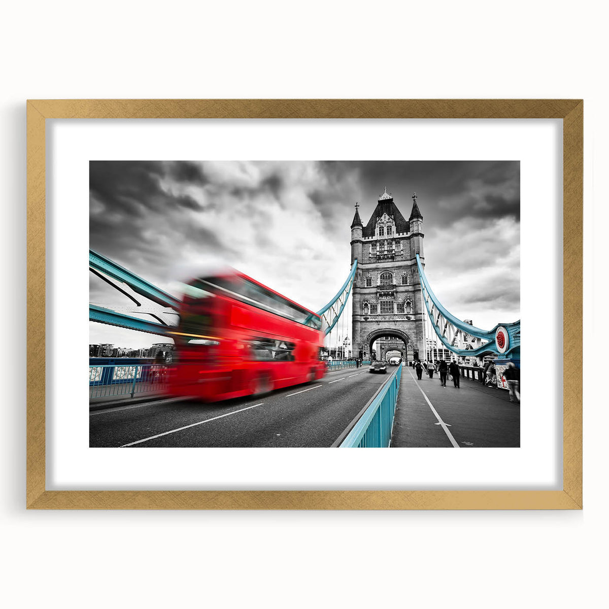 Abstract art print of London scenery in muted gold and blue tones, framed with a mat.